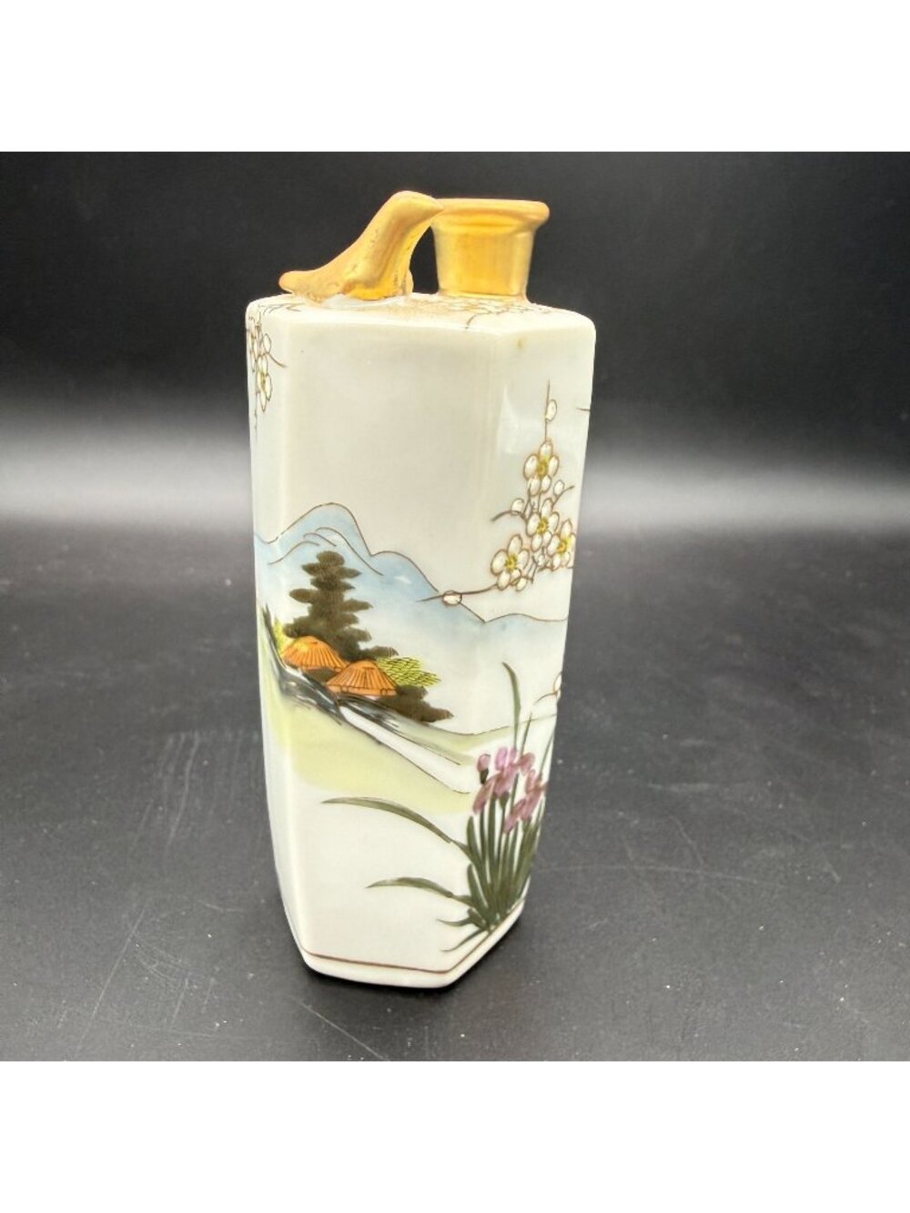 Vtg Japanese Kutani Sake Decanter Whistling Bird Hand Painted Tree Iris Gilt